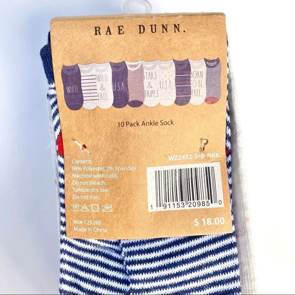 Rae Dunn Patriotic Ankle Socks 10pk Red White Blue NWT